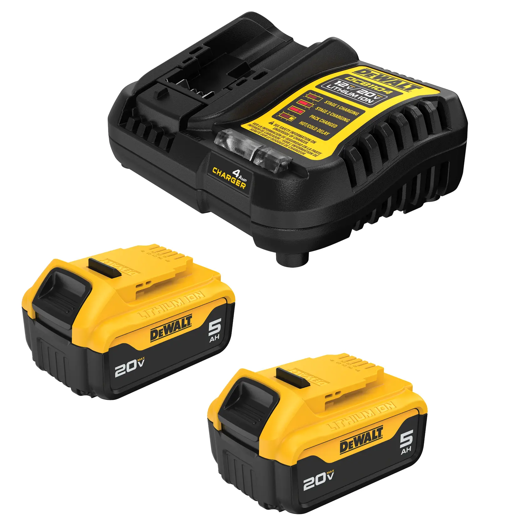 Two DeWalt 5Ah batteries and charger in the DCB205-2C kit
