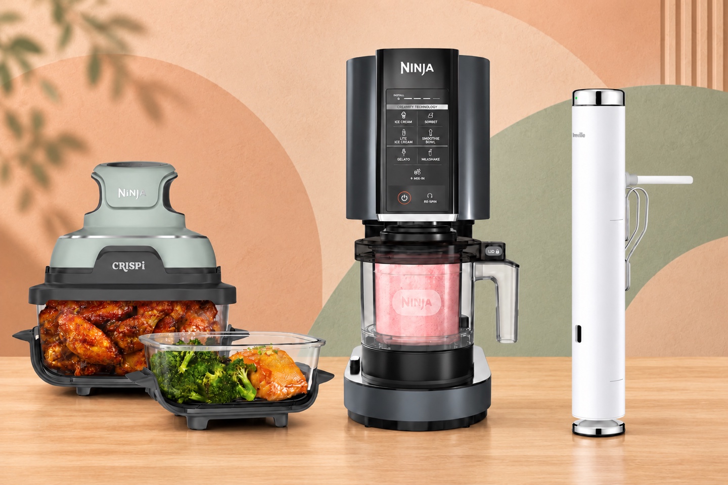 Sage Ninja Crispi, matte-black Ninja CREAMi and Breville Joule Turbo against a warm peach and sage backdrop