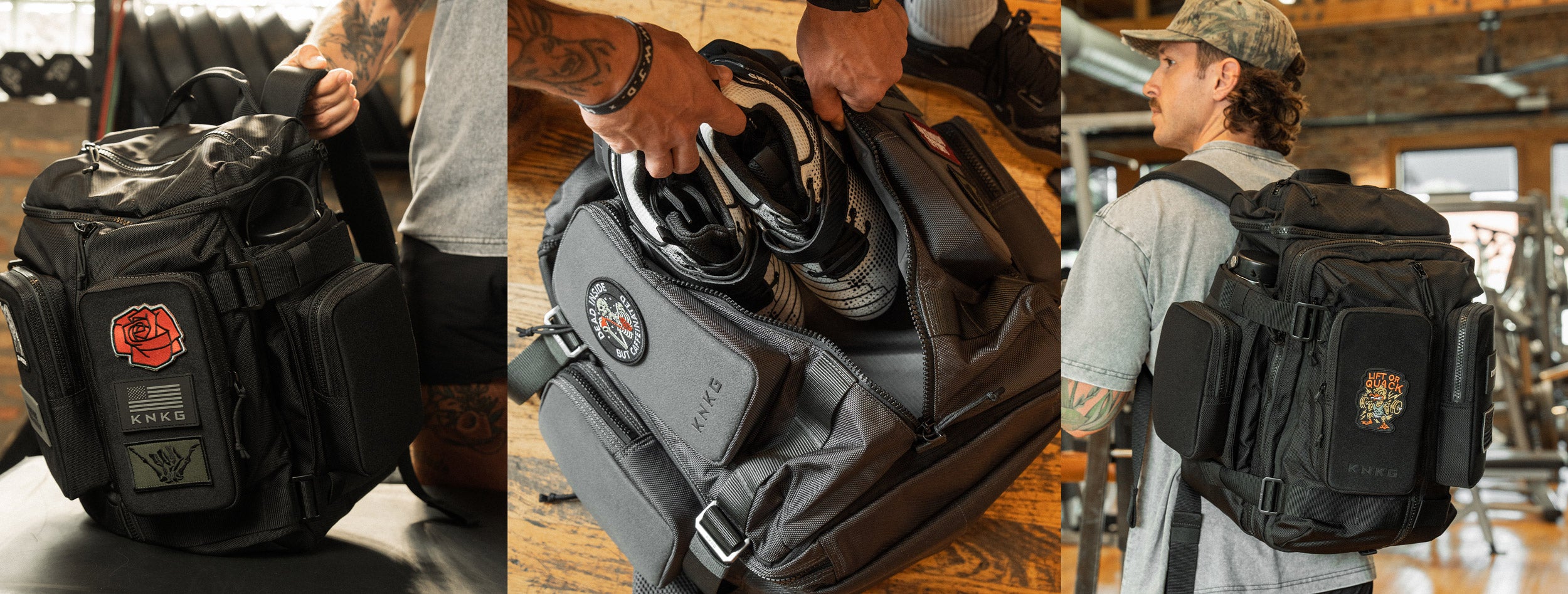 Three views of the KNKG APEX Large backpack showing an exterior bottle pocket, shoes being placed in the shoe compartment, and the backpack being worn.