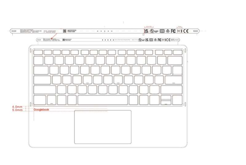 Lenovo DUET13BTKB folio keyboard technical diagram showing keys, trackpad, contact bar and Googlebook label placement