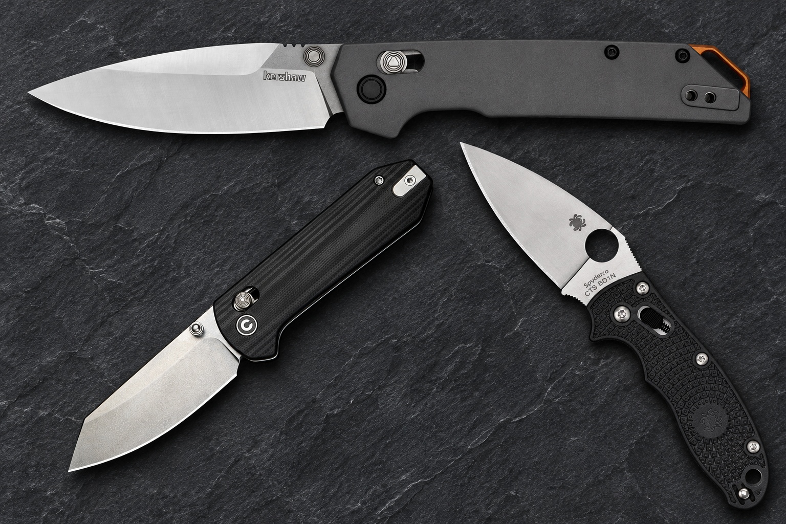 CIVIVI Yonder, Kershaw Iridium and Spyderco Manix 2 Lightweight editorial comparison collage