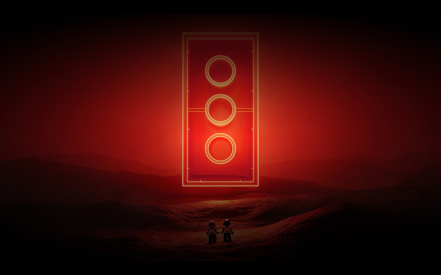 Two Daft Punk minifigures face a large glowing red LEGO brick in the announcement film.