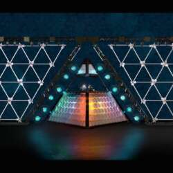 Daft Punk Concert fan model, not the final product, with two helmeted figures above a multicolored pyramid and wide stage panels.