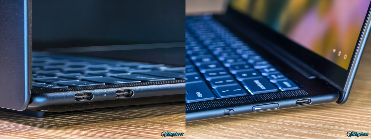 Both sides of our Yoga Slim 7x X2 Elite review unit and its USB-C ports.
