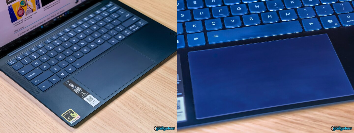 Keyboard and glass touchpad on our Yoga Slim 7x X2 Elite review unit.