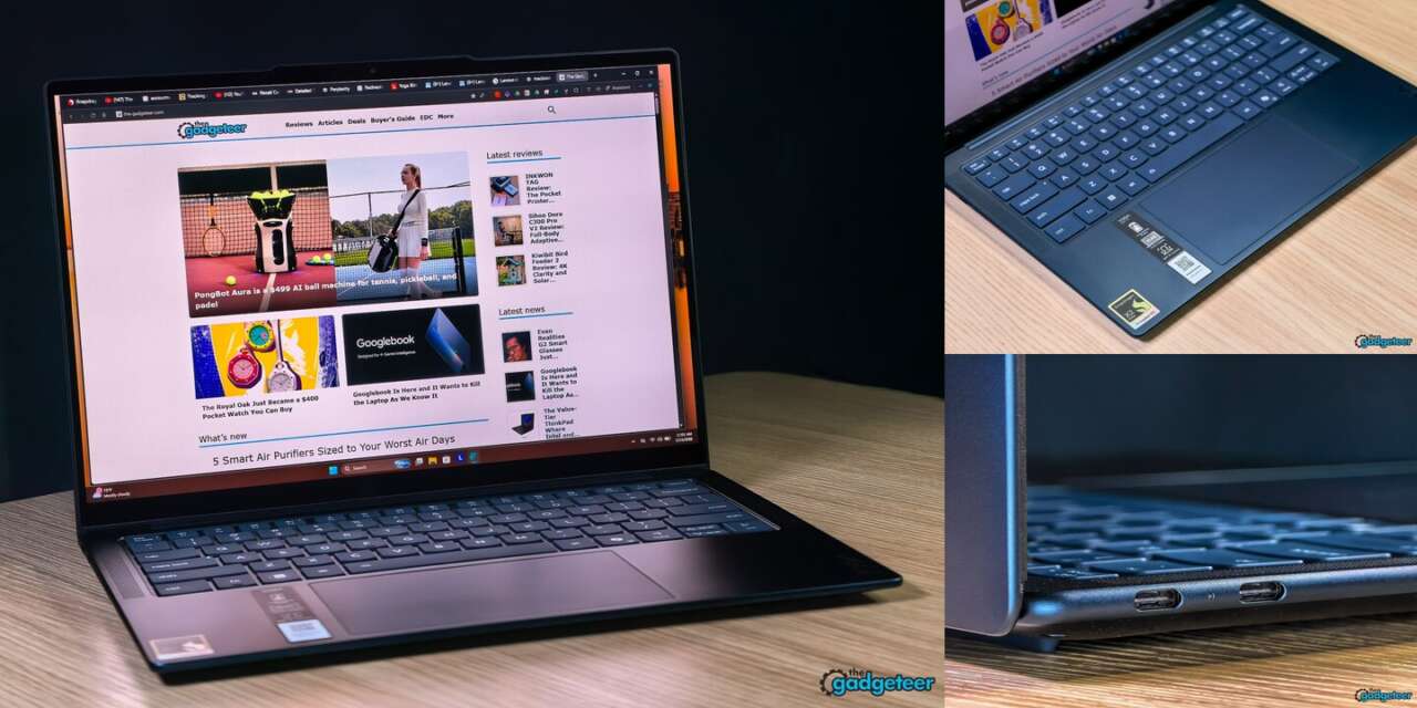 Our Yoga Slim 7x X2 Elite review laptop, keyboard and USB-C ports in three original photographs.