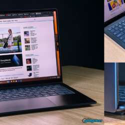 Our Yoga Slim 7x X2 Elite review laptop, keyboard and USB-C ports in three original photographs.