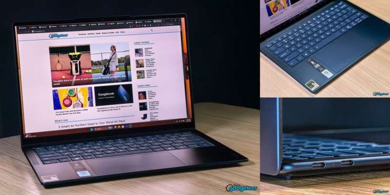 Our Yoga Slim 7x X2 Elite review laptop, keyboard and USB-C ports in three original photographs.