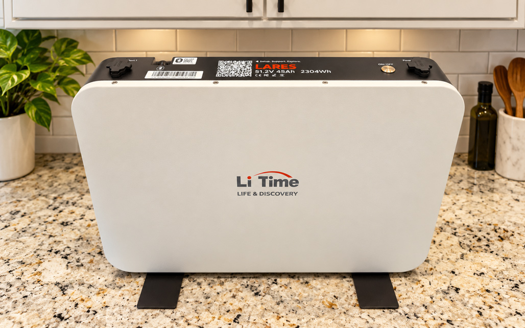 Lares K1 battery module on a kitchen counter in LiTime’s supplied photograph