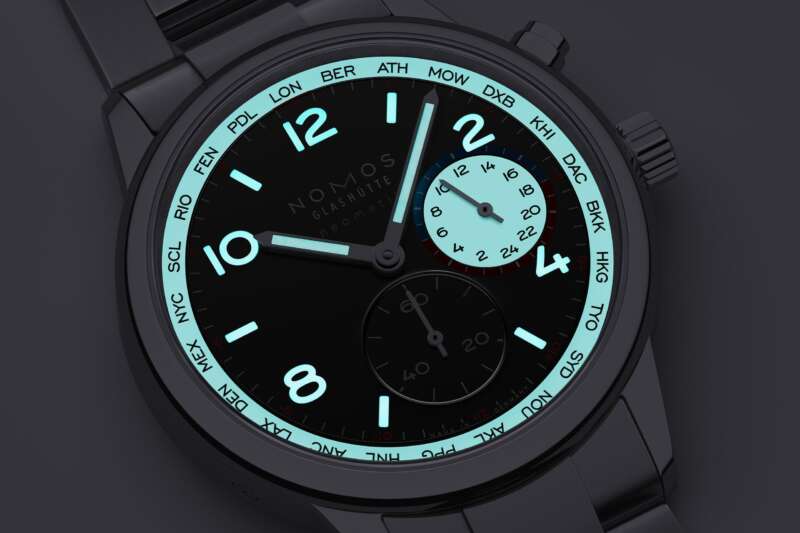 NOMOS Club Sport neomatik Worldtimer dark with luminous city ring and home-time display