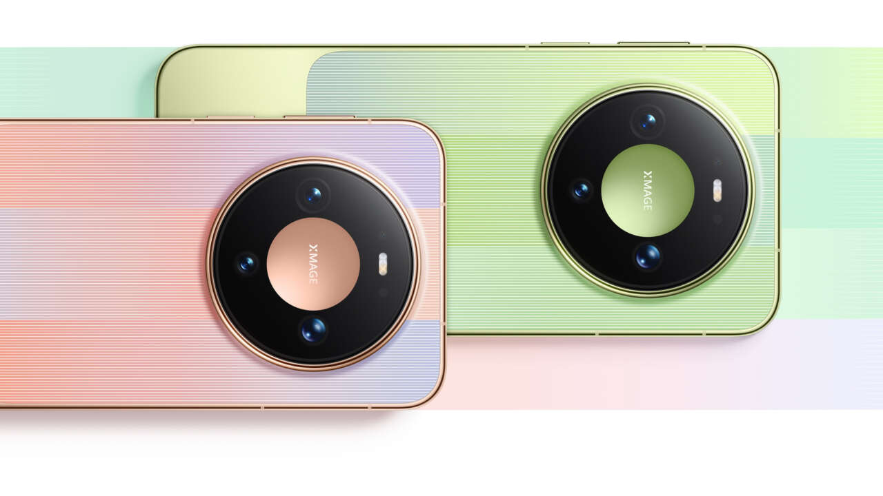 Pink and green Huawei Mate 90 phones shown from the rear