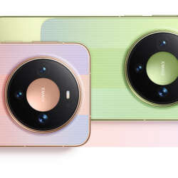 Pink and green Huawei Mate 90 phones shown from the rear