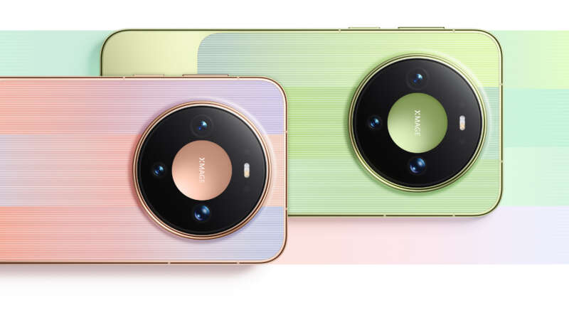 Pink and green Huawei Mate 90 phones shown from the rear
