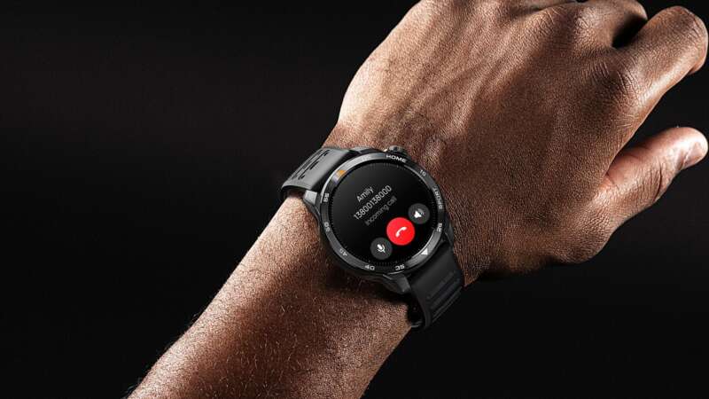 Close-up of the Dark Gray Mibro GS Pro2 on a wrist during a Bluetooth call.