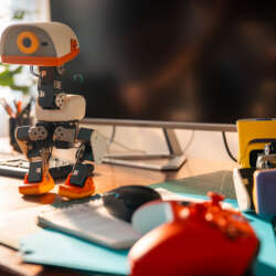 A cream Microduck standing on a desk beside a game controller