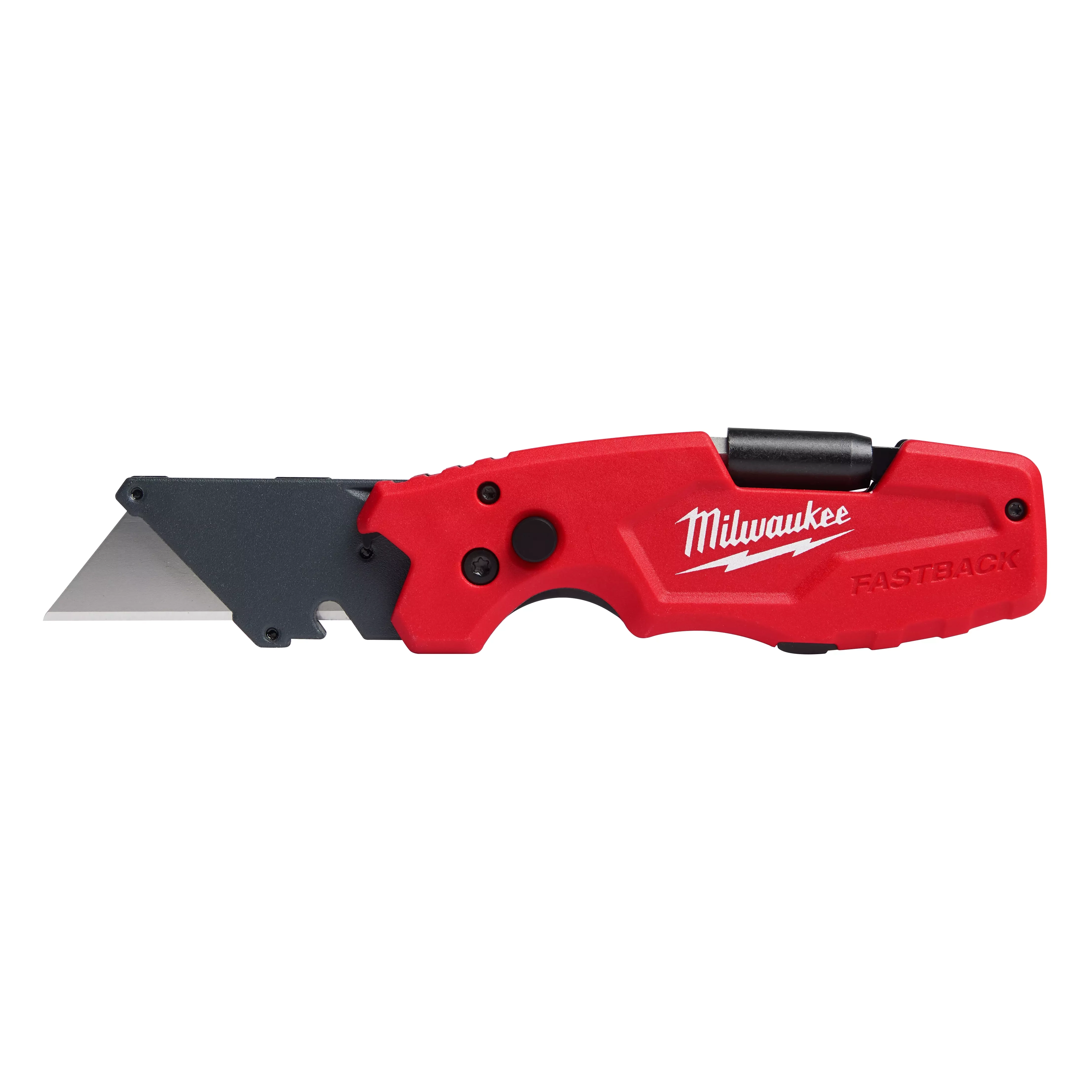 Red Milwaukee FASTBACK 48-22-1505 folding utility knife with its blade open