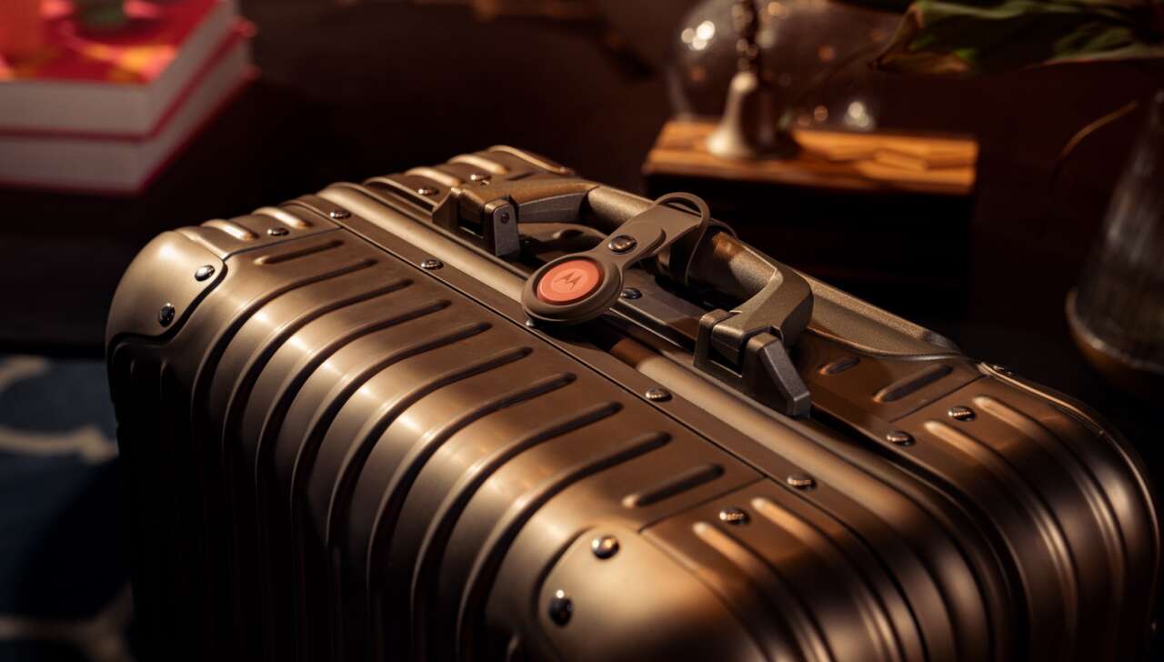 Arabesque Moto Tag 2 in an accessory holder attached to a suitcase handle