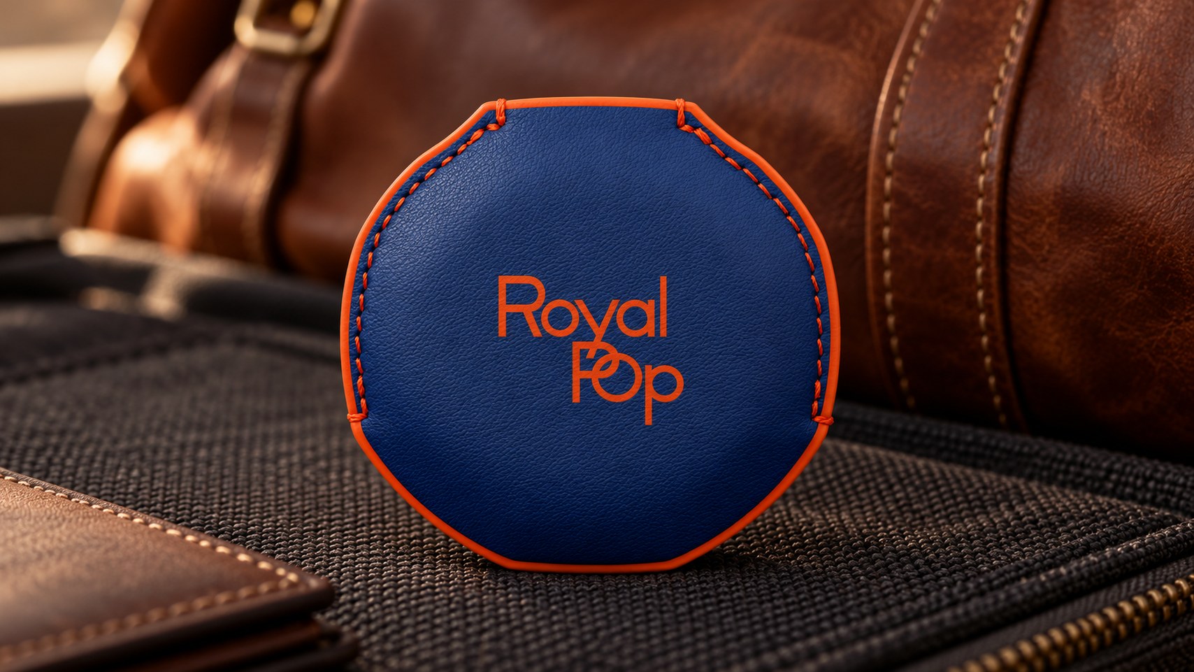 Orenji Hachi Royal Pop leather cover in navy with orange stitching