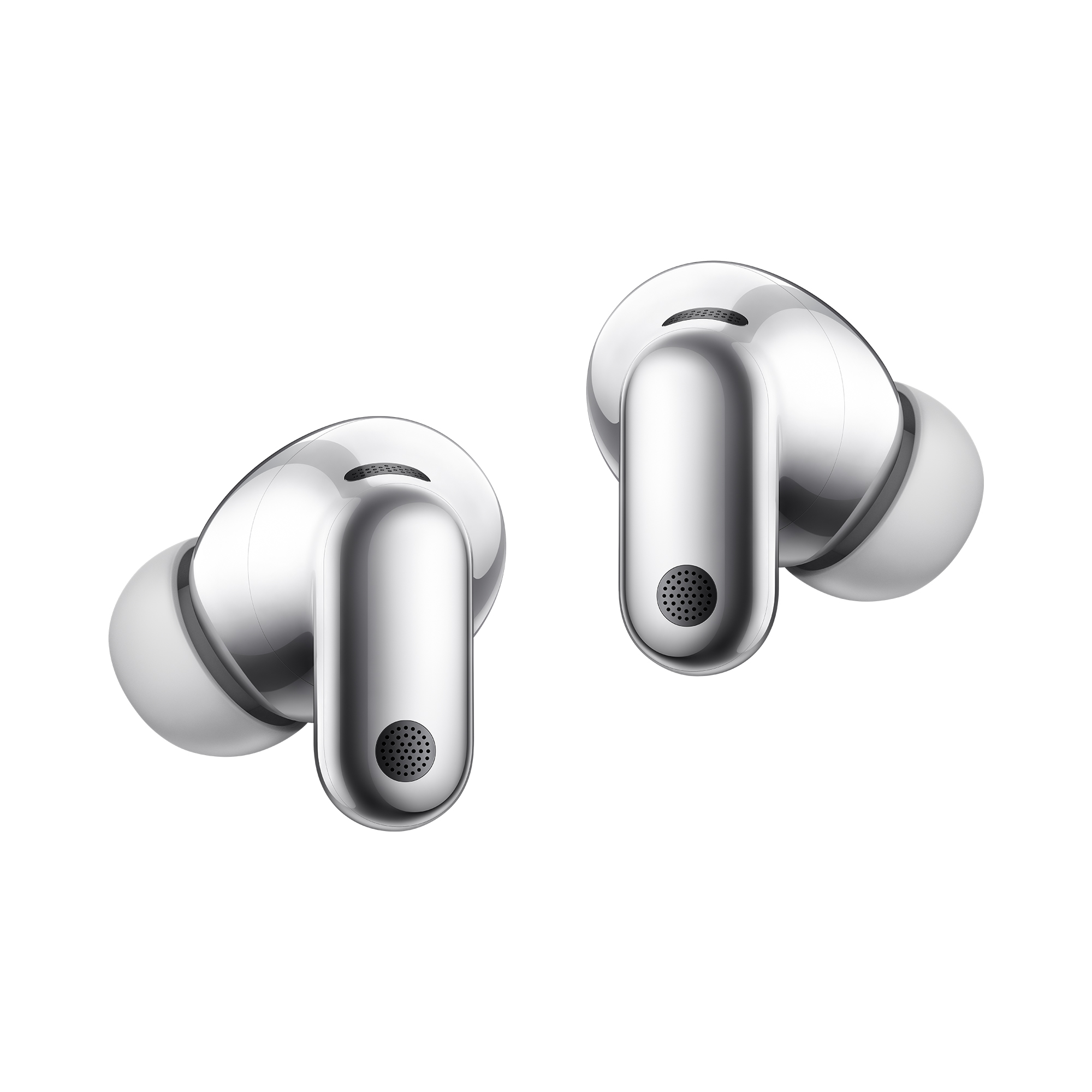 Silver Huawei FreeBuds Neo earbuds with short stems and in-ear tips