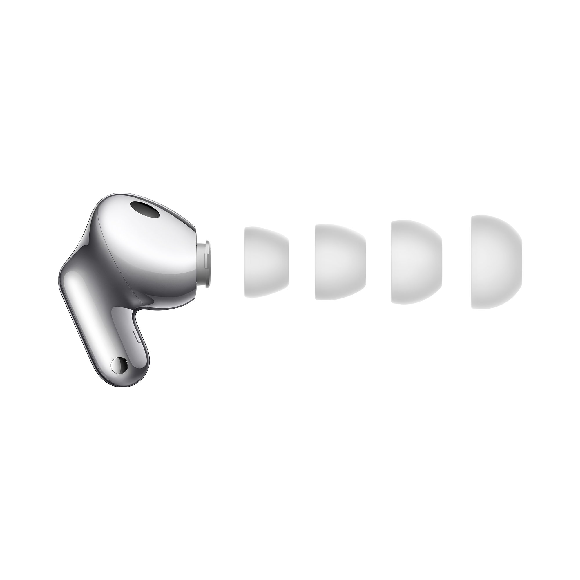 Silver Huawei FreeBuds Neo with four ear-tip sizes