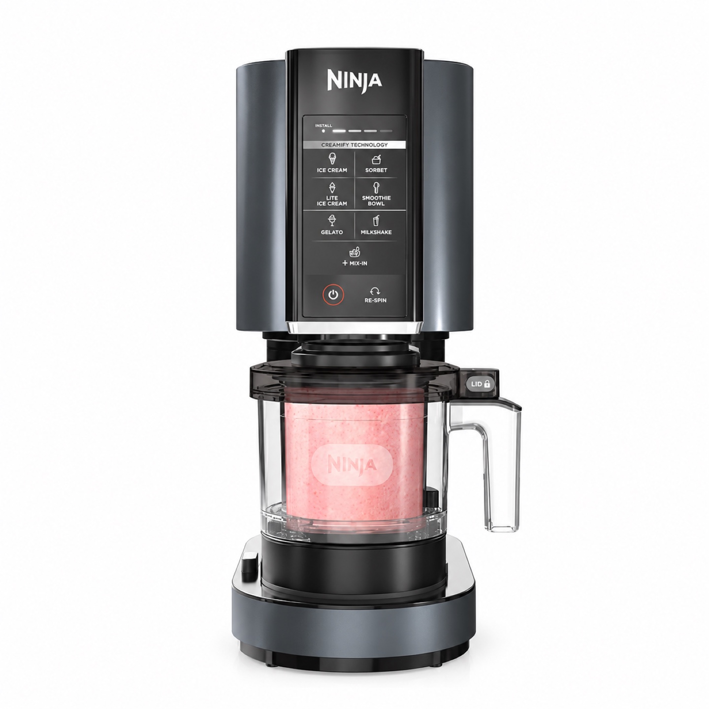 Matte-black Ninja CREAMi NC299AMZ with its clear processing bowl and seven-program control panel