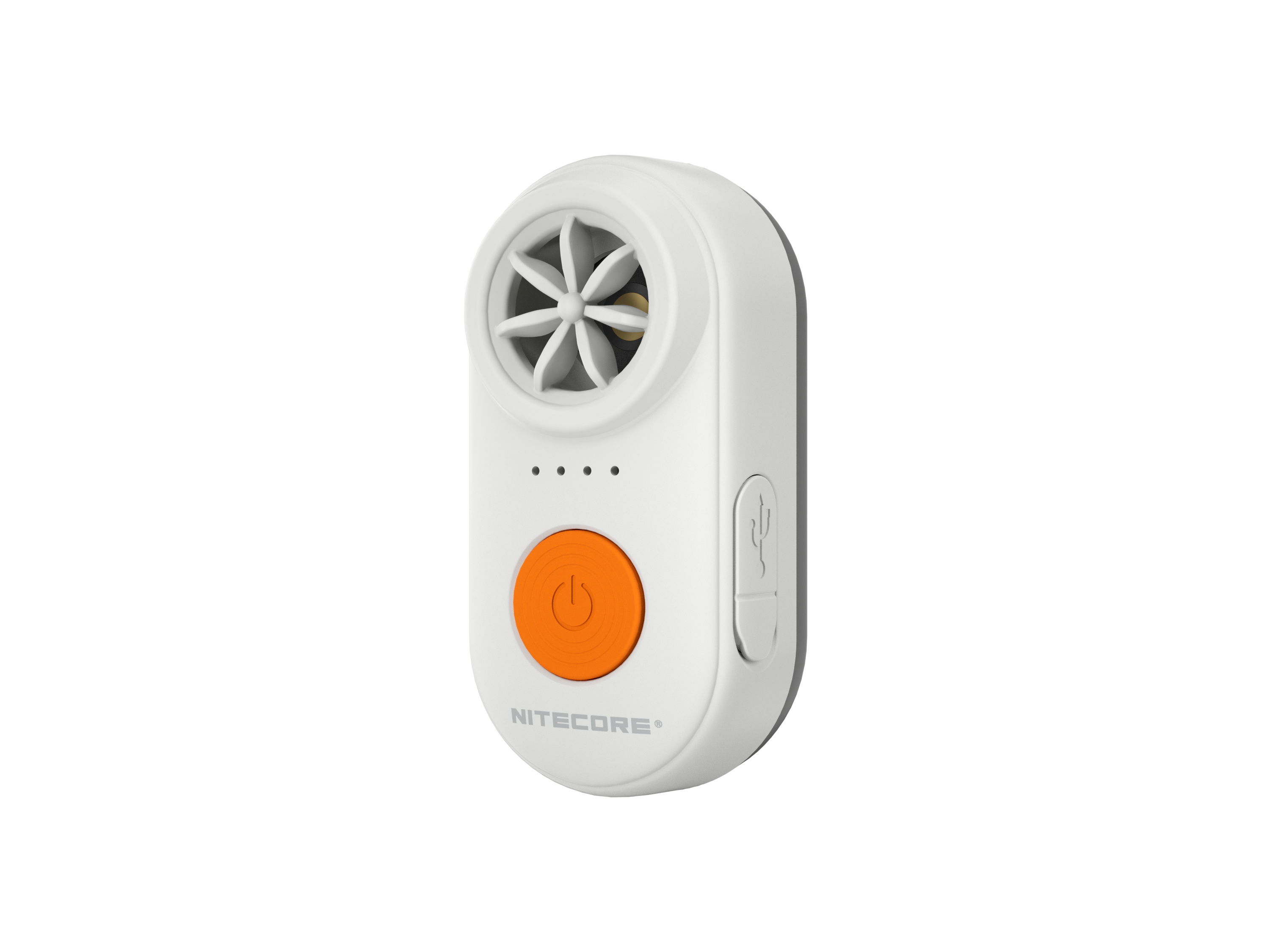 NITECORE NWE10 white electronic whistle showing power button, battery indicators and sound outlet