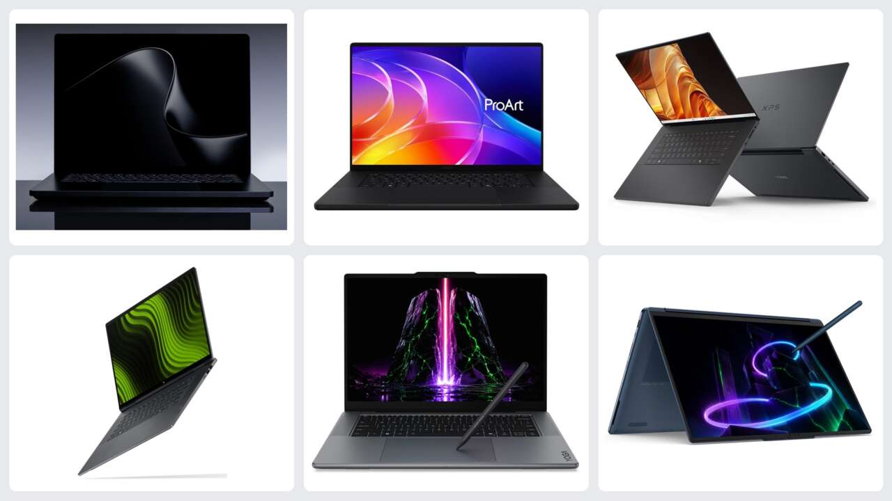 Official product images of Microsoft Surface Laptop Ultra, ASUS ProArt P16, Dell XPS 16 Creator Edition, HP OmniBook Ultra 16, Lenovo Yoga Pro 9n and Yoga 9n 2-in-1