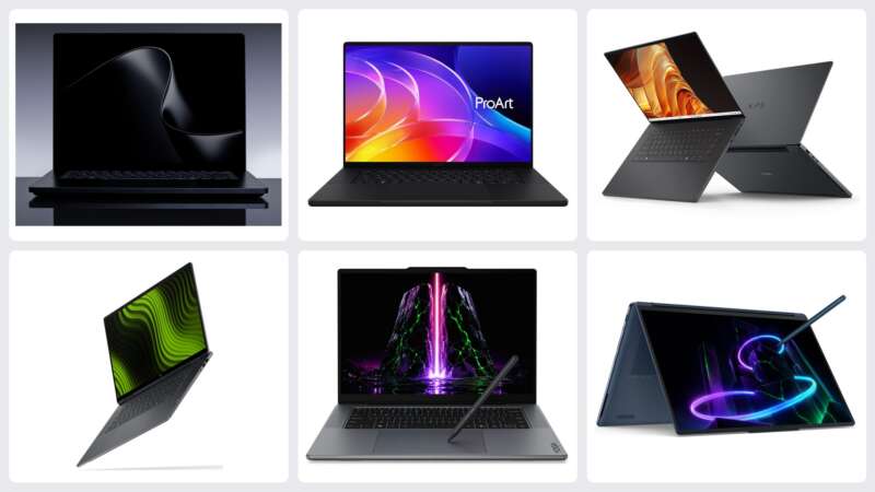 Official product images of Microsoft Surface Laptop Ultra, ASUS ProArt P16, Dell XPS 16 Creator Edition, HP OmniBook Ultra 16, Lenovo Yoga Pro 9n and Yoga 9n 2-in-1