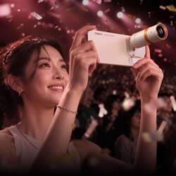 Person holding an OPPO Find X10 Pro Max with the optional Hasselblad teleconverter at a concert.
