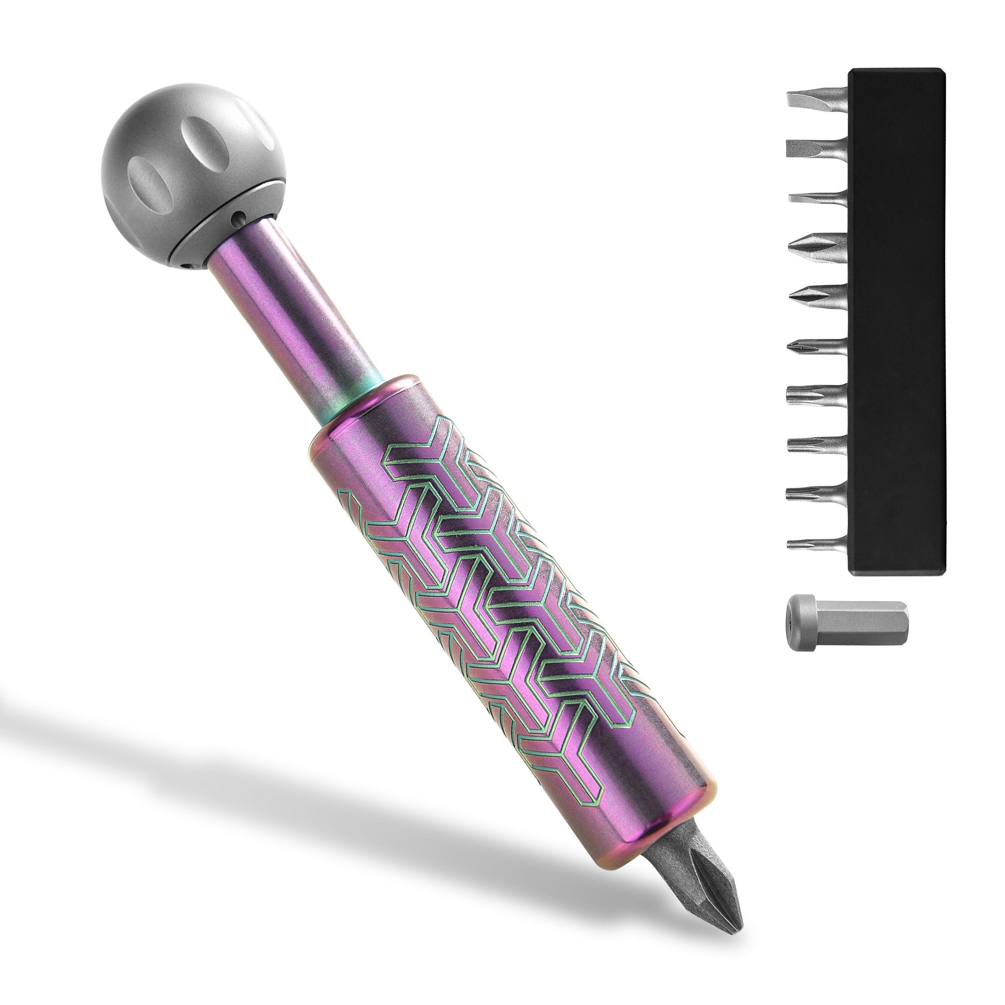 Purple TACRAY LSP01 with its bit set and adapter.