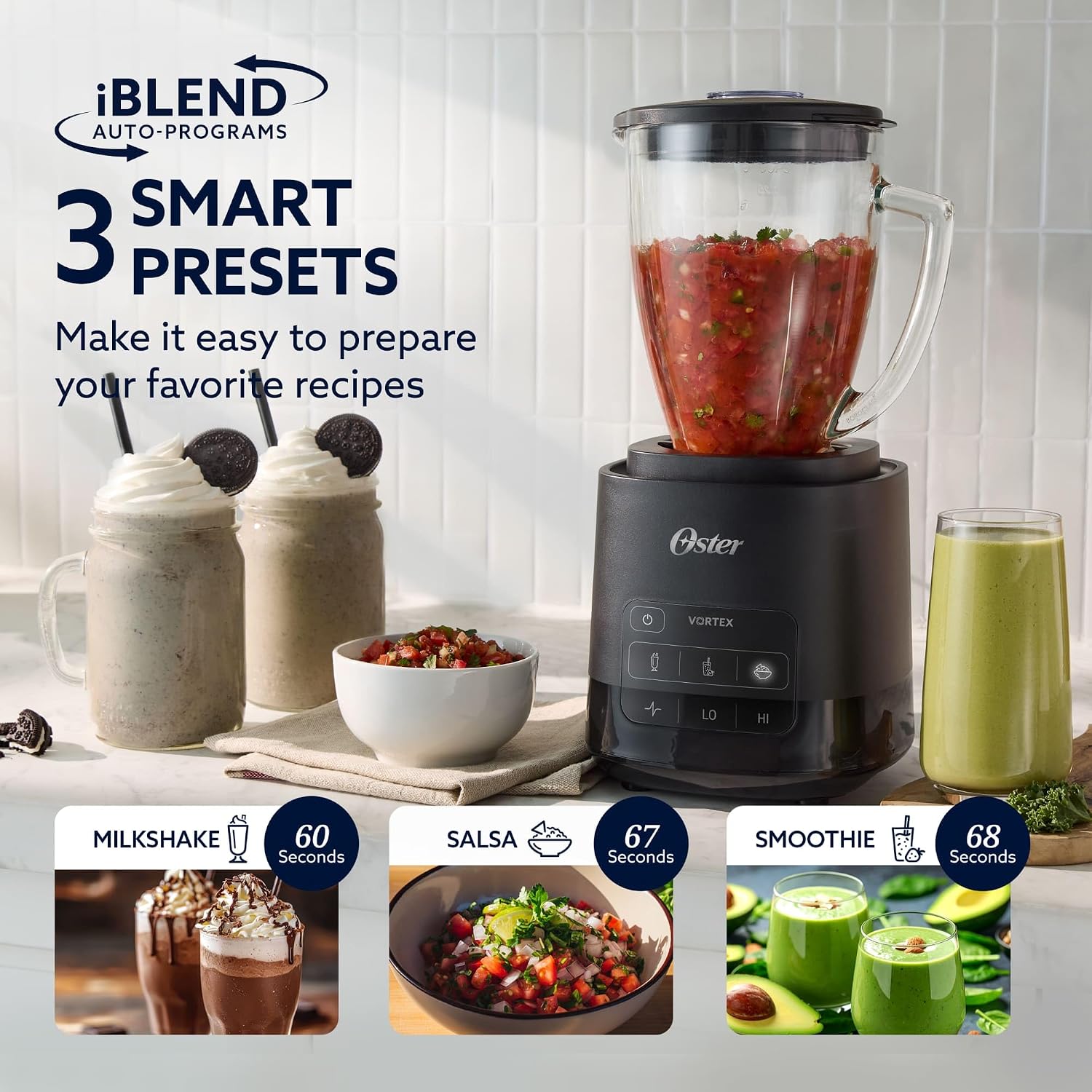 Black Oster Vortex 800 glass blender with its milkshake, smoothie and salsa controls