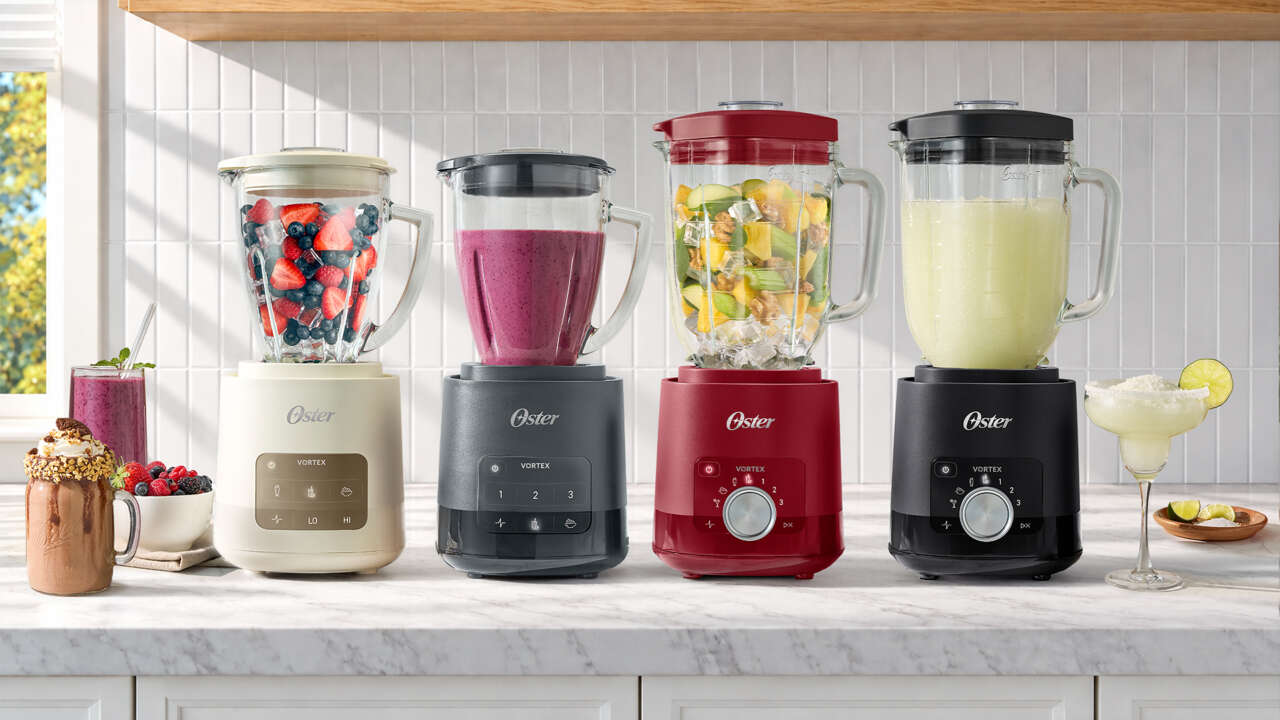 Oster Vortex blender lineup with drinks on a kitchen counter