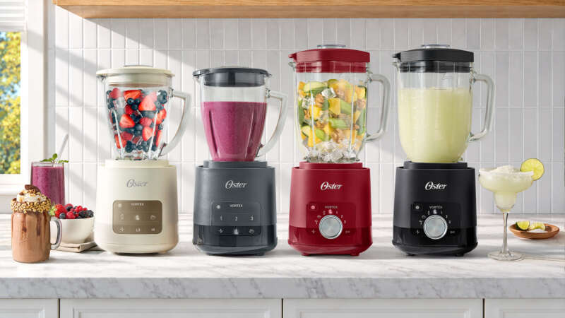Oster Vortex blender lineup with drinks on a kitchen counter