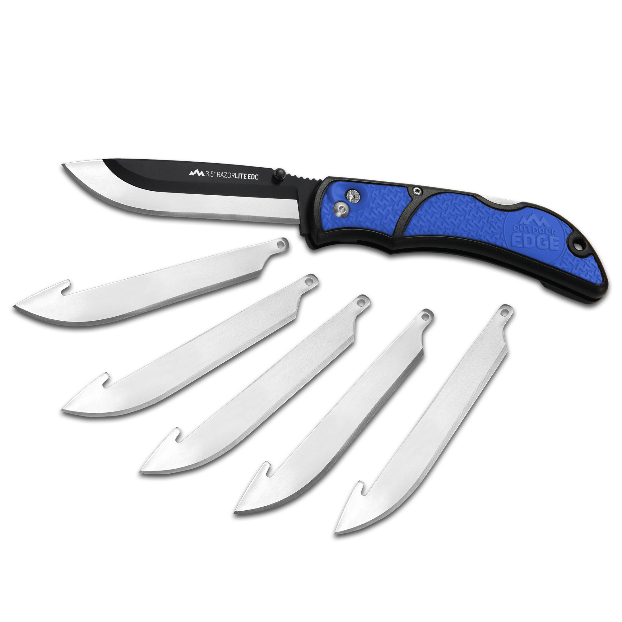 Blue Outdoor Edge 3.5-inch RazorLite EDC with five spare blades beside the installed blade