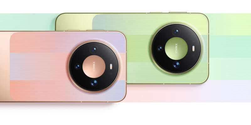 Pink and green Huawei Mate 90 phones shown from the rear