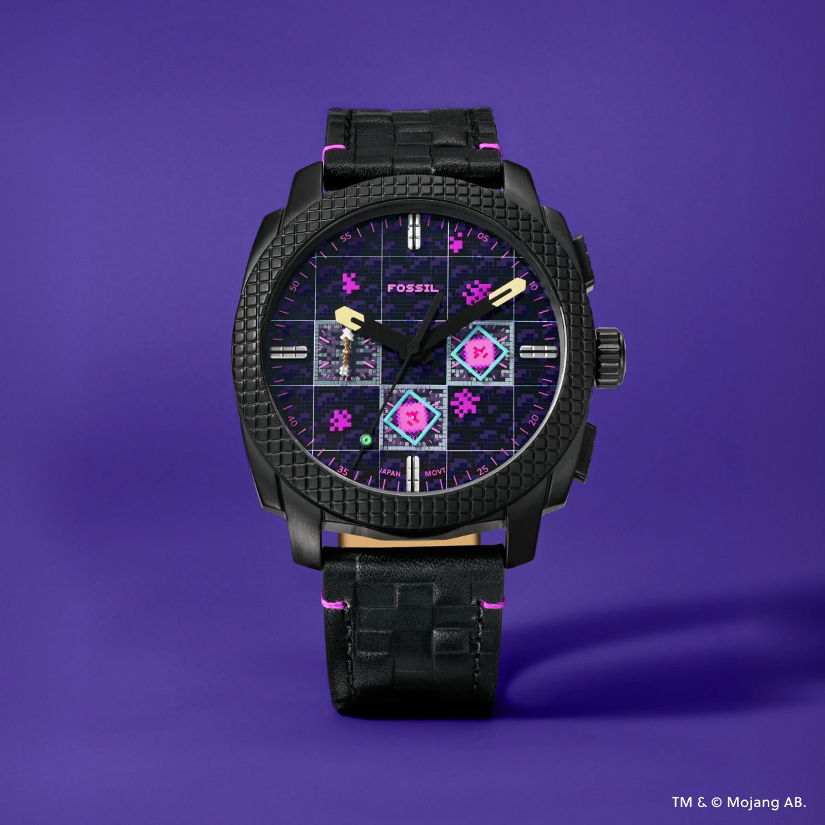 Fossil End watch with purple dial accents and black leather strap