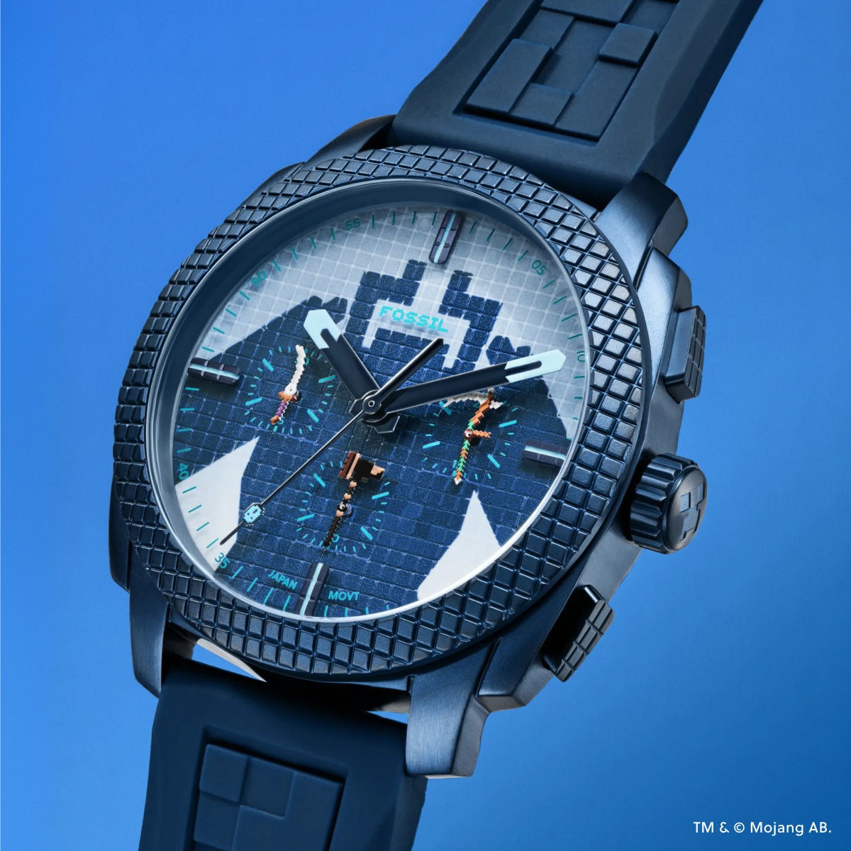 Close-up of the blue Dungeons II dial and weapon-shaped watch hands