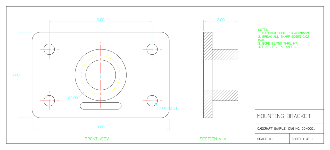 VectorCraft mounting-bracket drawing with front and section views.