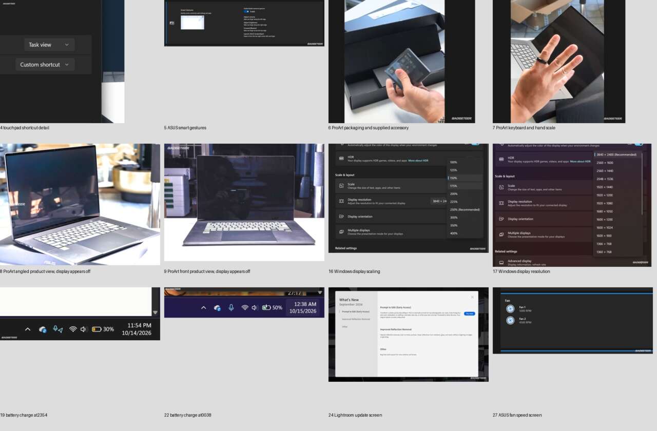 First LightCraft contact sheet containing product photos, display settings and battery observations.