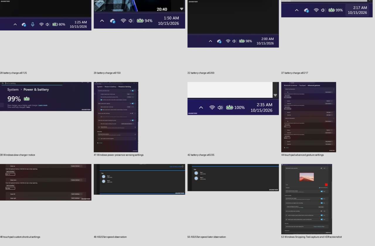 Second LightCraft contact sheet containing charging observations, touchpad settings and fan readings.