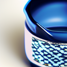 A tightly cropped blue cup with a high-contrast patterned surface, the actual 256-pixel Stable Diffusion output.