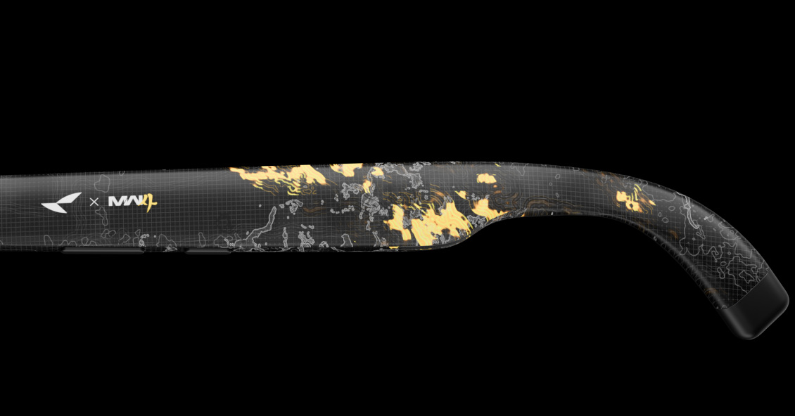 MW4 logo and yellow digital camouflage on the RayNeo GT Max temple