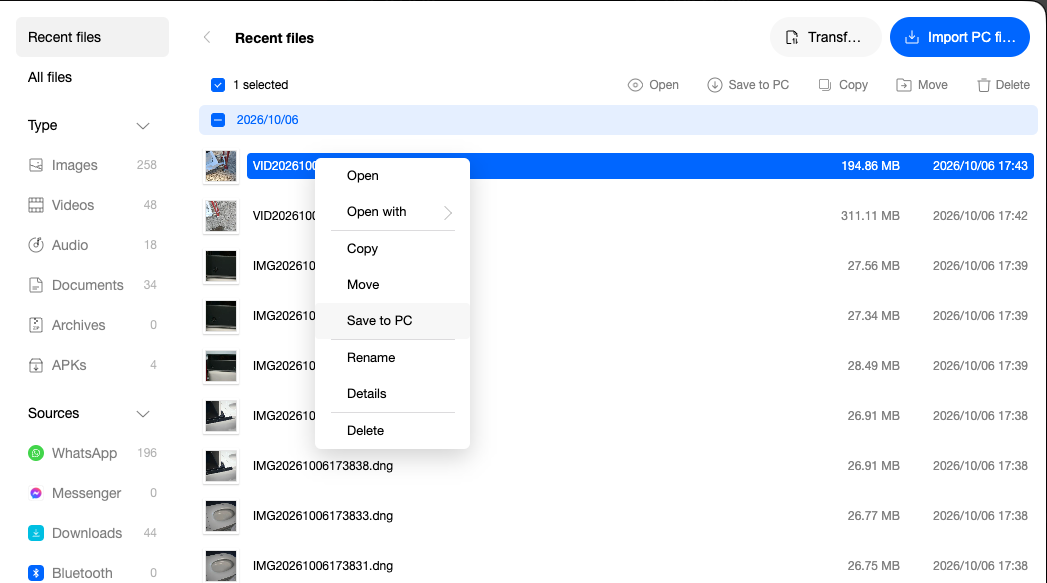 Right-click a file in O+ Connect and choose Save to PC.