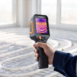 RISION Torix handheld thermal camera shown above an underfloor heating installation.