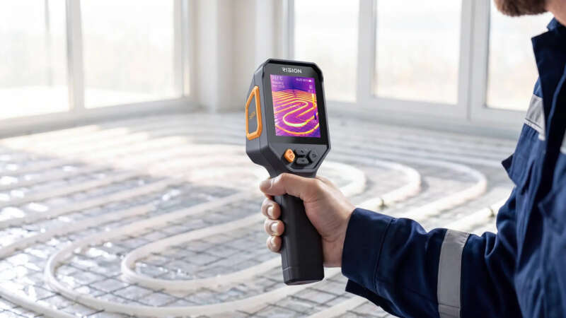 RISION Torix handheld thermal camera shown above an underfloor heating installation.
