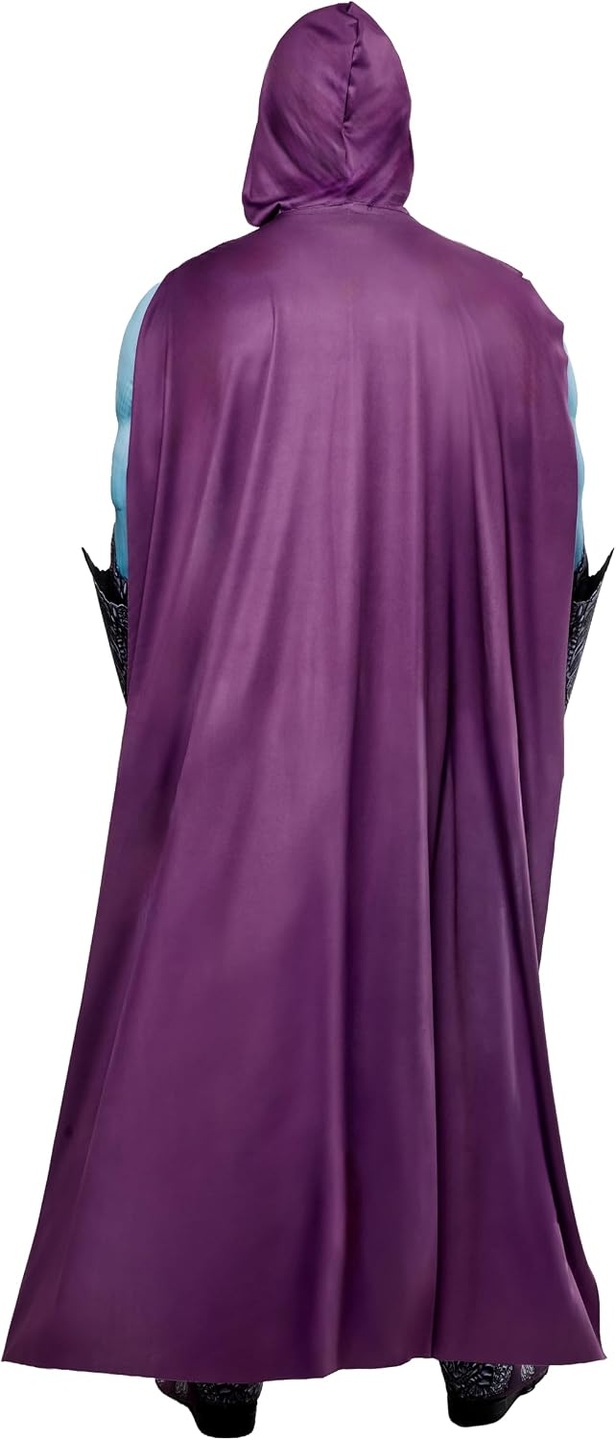 Back view of the Rubies Skeletor costume showing its long purple hooded cape.