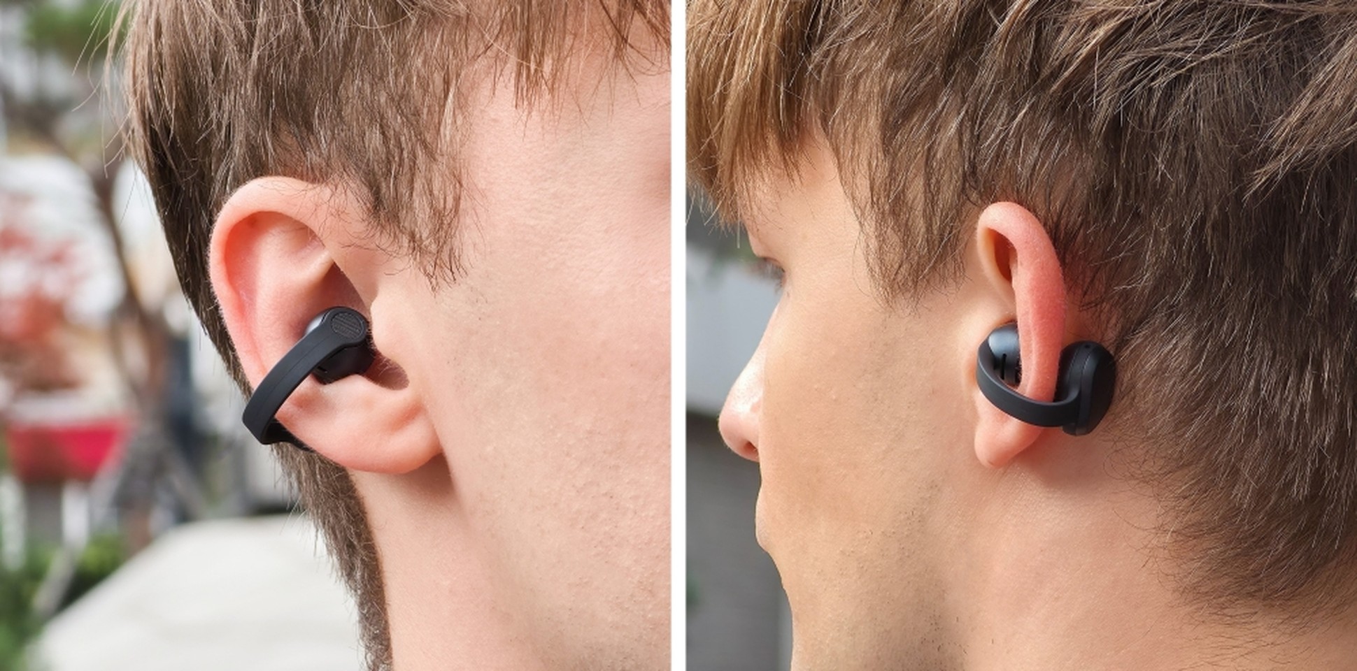 Two close-up views of Samsung Galaxy Buds On worn around the ear