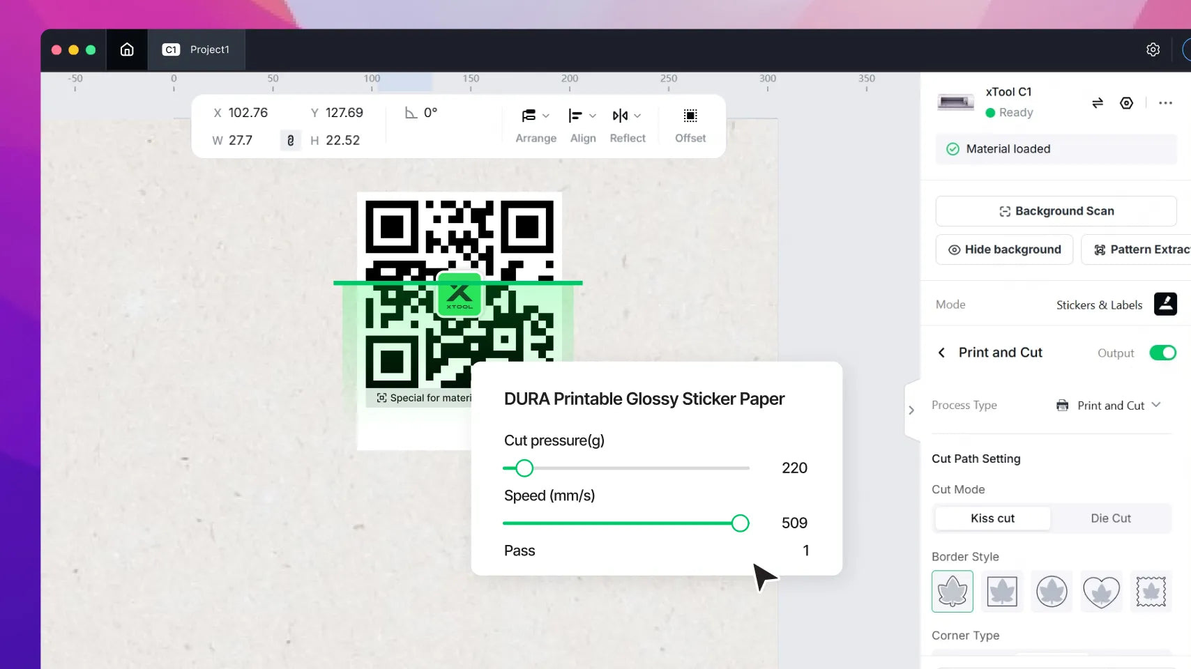 xTool C1 software recognizing the QR code on DURA printable glossy sticker paper
