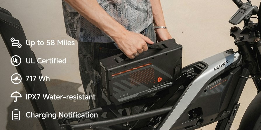 Xyber Air battery being lifted from the frame, with Segway feature labels