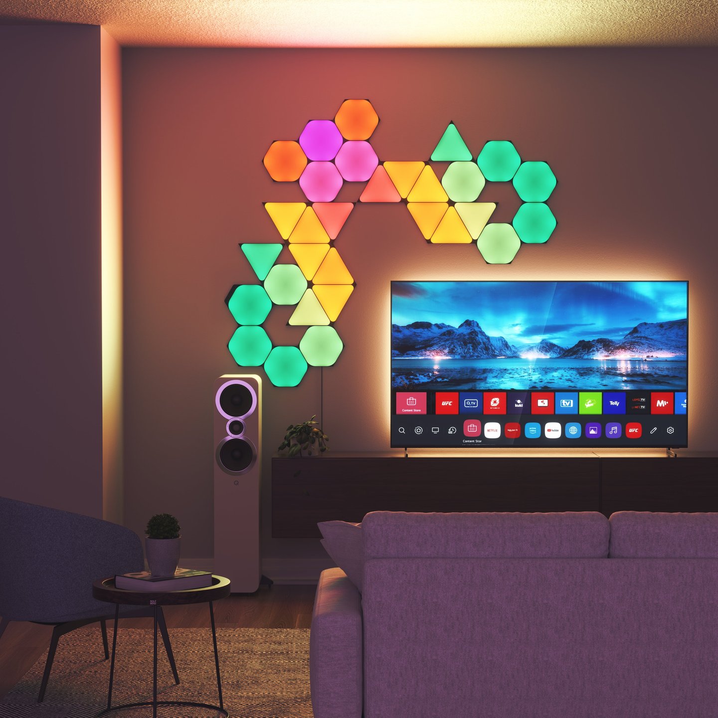 Hexagon and triangle Nanoleaf Shapes panels installed together on a wall.